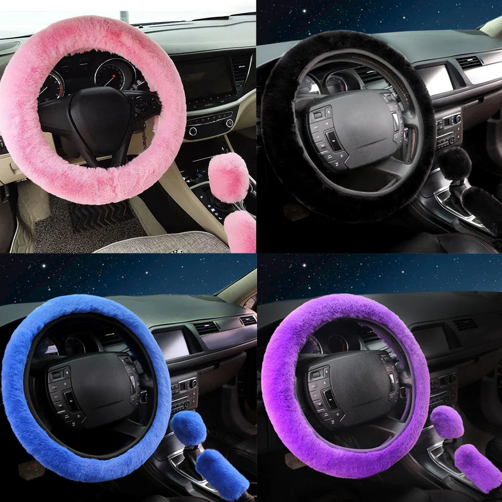 "Set of 3 Warm Faux Wool Steering Wheel Covers for Auto Cars - Fluffy, Thick, and Plush - 38cm Diameter - Soft Wool Decoration for Steering Wheel"
